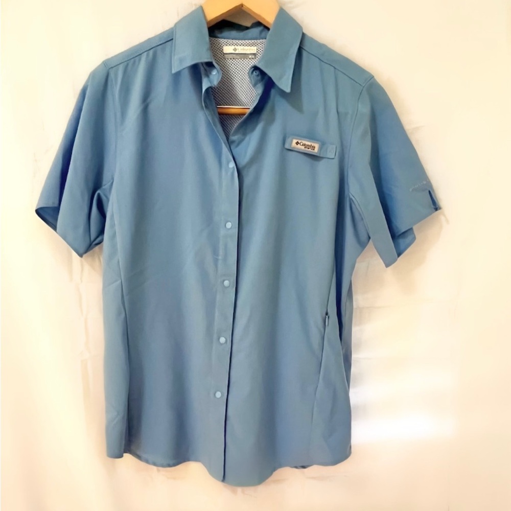 columbia mens blue button down fishing shirt performance gear M zip-up pocket